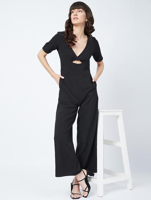 v-neck solid full leg jumpsuit - 17956106 - Very Small Image - 1
