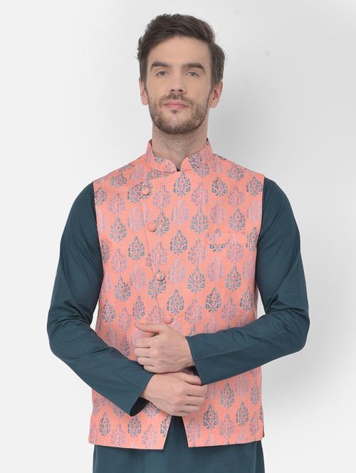 peach printed nehru jacket - 17956338 - Very Small Image - 1