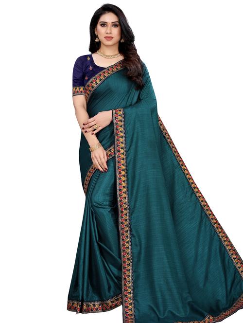 teal solid bordered saree with blouse - 17958189 - Very Small Image - 1
