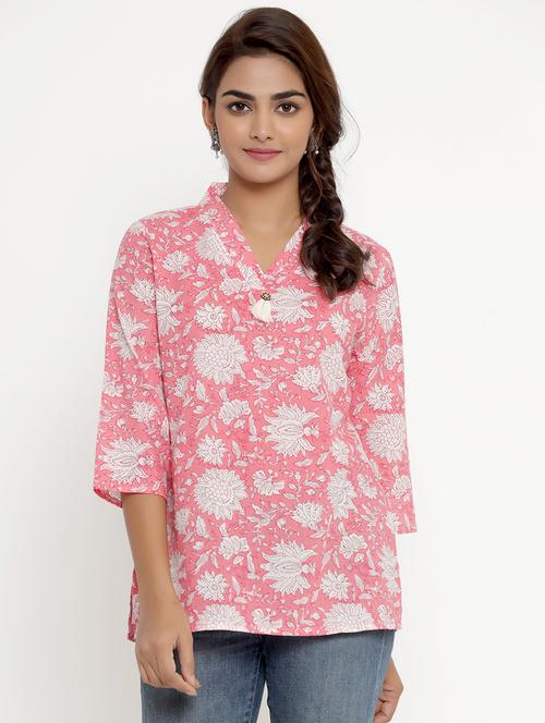 pink v-neck floral printed tunic - 17958279 - Very Small Image - 1