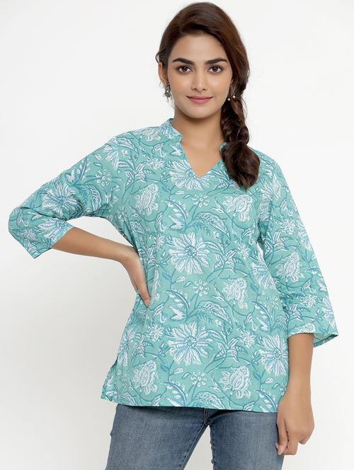 light blue mandarin neck floral print tunic - 17958282 - Very Small Image - 1