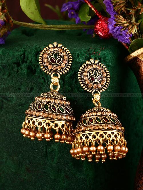 gold brass jhumka earring - 17959663 - Very Small Image - 1