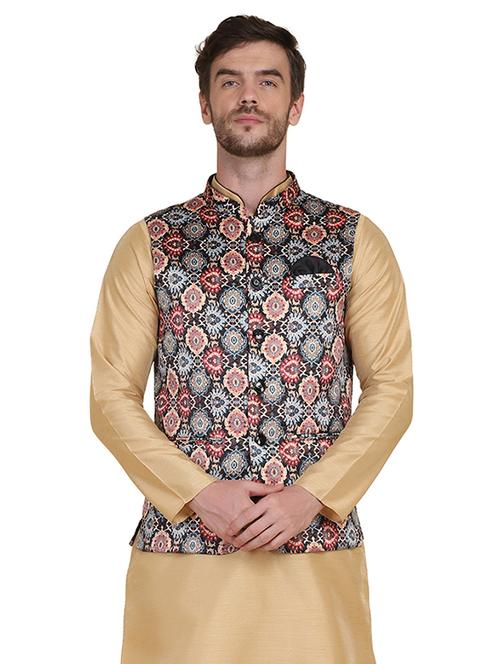 brown solid kurta pyjama with printed jacket - 17960647 - Very Small Image - 1