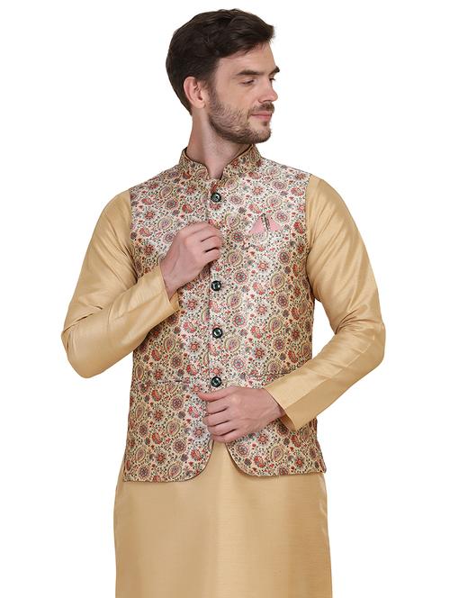 beige solid kurta pyjama with printed jacket - 17960652 - Very Small Image - 1