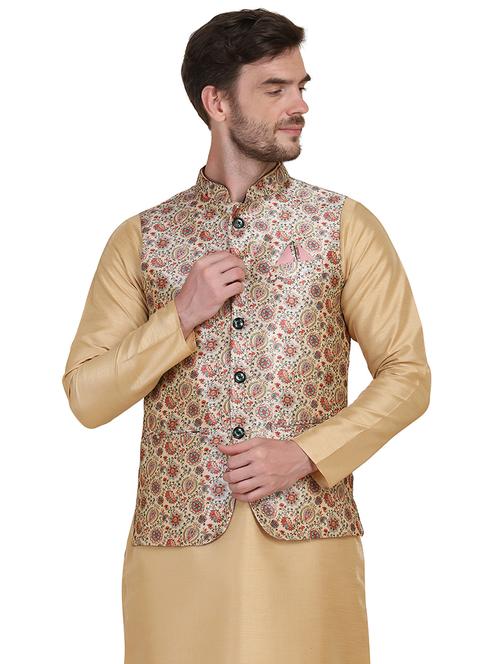 gold printed nehru jacket - 17960711 - Very Small Image - 1