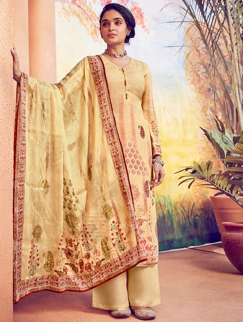 yellow cotton blend unstitched suit - 17960885 - Very Small Image - 1