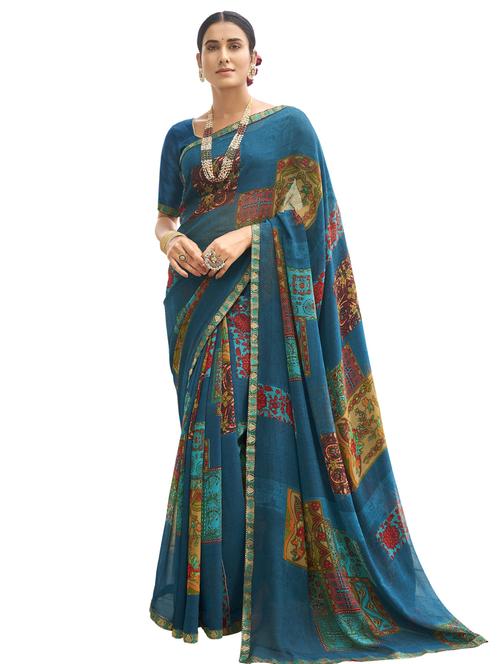 contrast border printed saree with blouse - 17962497 - Very Small Image - 1
