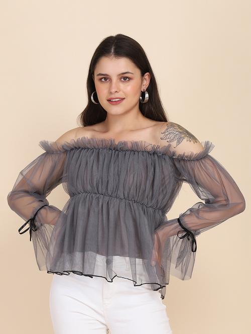off shoulder net top - 17963540 - Very Small Image - 1