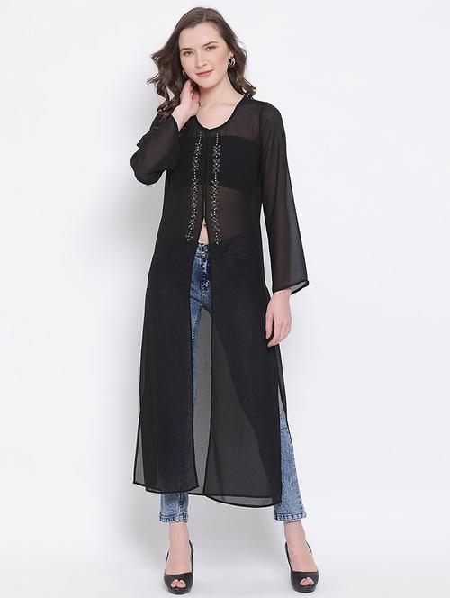 round neck embellished longline shrug - 17963615 - Very Small Image - 1