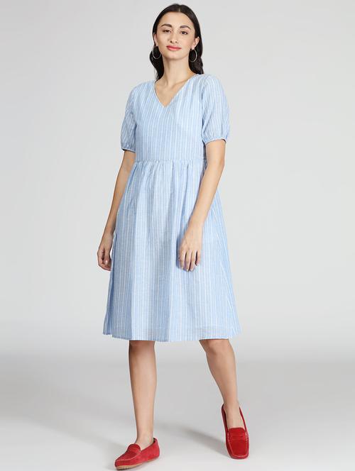 v-neck striped fit & flare dress - 17964866 - Very Small Image - 1