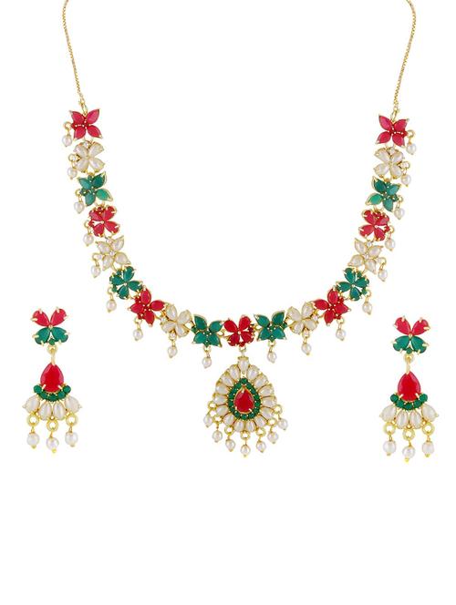 gold plated cubic zirconia pearl choker necklace earring set - 17965701 - Very Small Image - 1