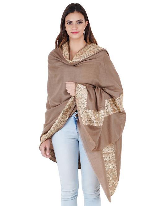 brown wool embroidered border shawl - 17967881 - Very Small Image - 1
