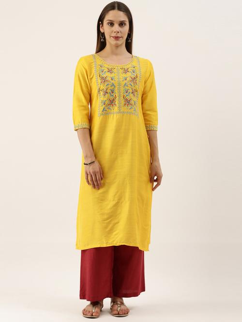 yellow raw silk straight kurta - 17968548 - Very Small Image - 1