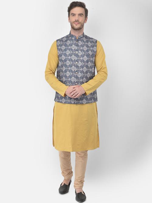 yellow kurta pyjama set with blue printed nehru jacket - 17969097 - Very Small Image - 1