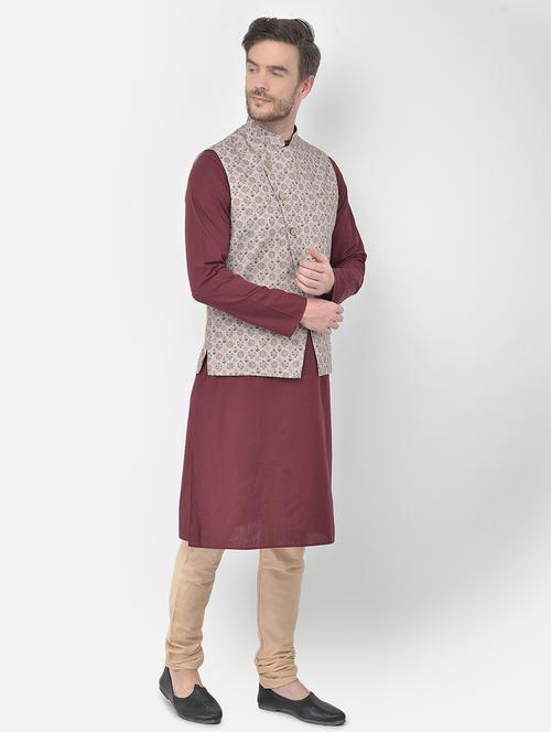 maroon kurta pyjama set with printed nehru jacket - 17969101 - Very Small Image - 1