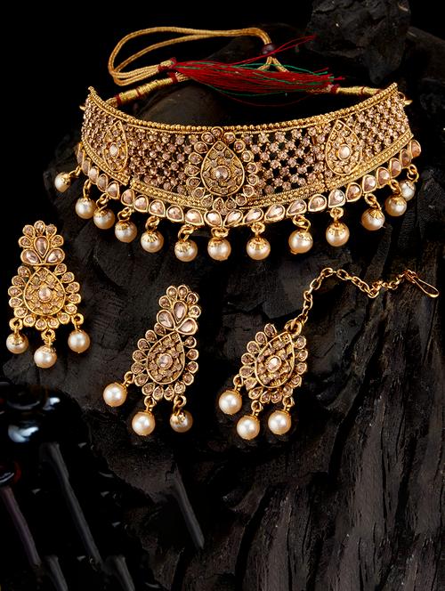 gold plated stone & pearl choker necklace set - 17969381 - Very Small Image - 1