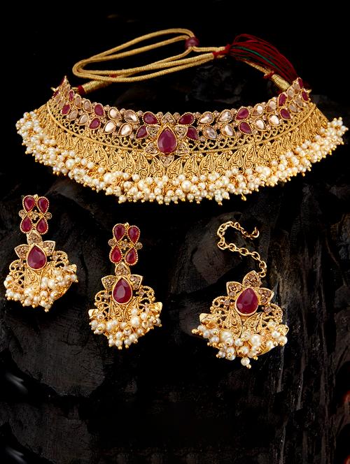 gold plated lct stone & pearl choker necklace set - 17969389 - Very Small Image - 1