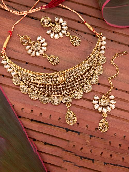 gold plated lct stone & pearl choker necklace set - 17969392 - Very Small Image - 1