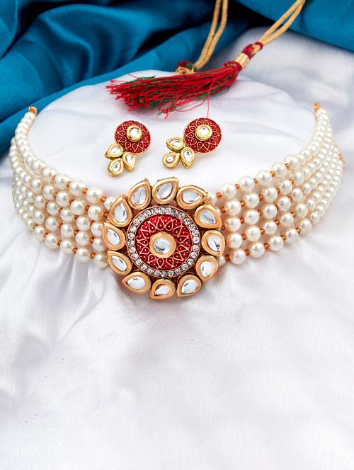 classic gold plated kundan & pearl choker necklace set - 17969457 - Very Small Image - 1