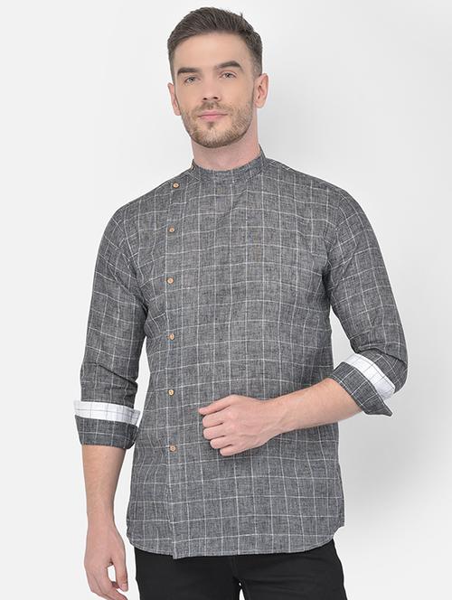 grey checkered linen short kurta - 17970128 - Very Small Image - 1