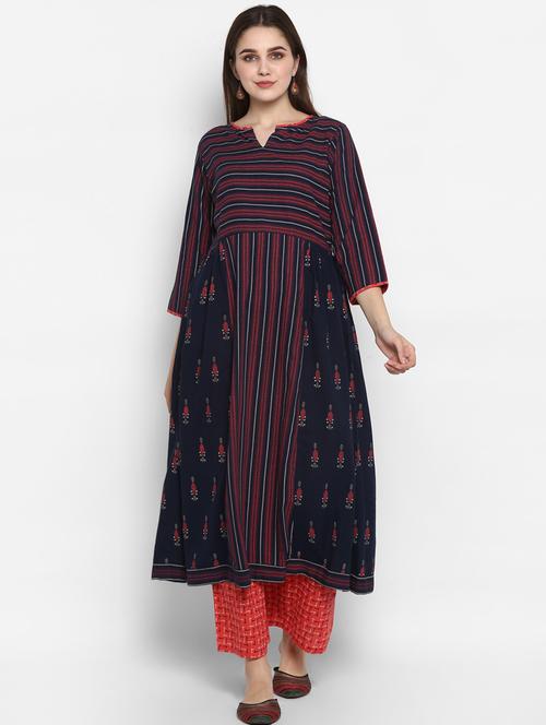 navy cotton blend kurta palazzo set - 17970304 - Very Small Image - 1