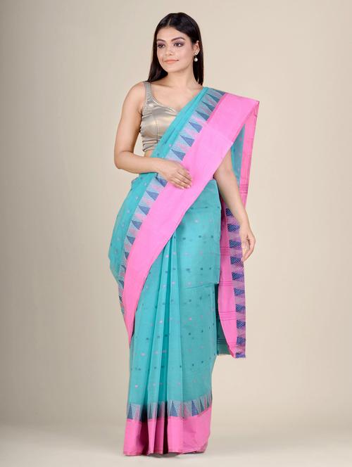turquoise self design handloom saree - 17976300 - Very Small Image - 1