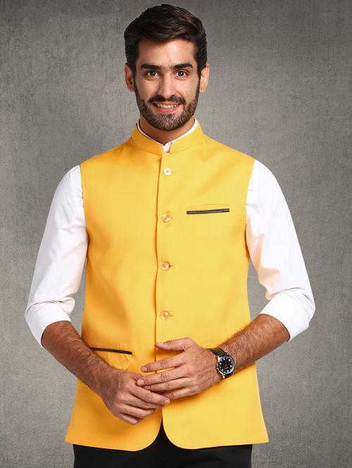 yellow solid nehru jacket - 17976475 - Very Small Image - 1