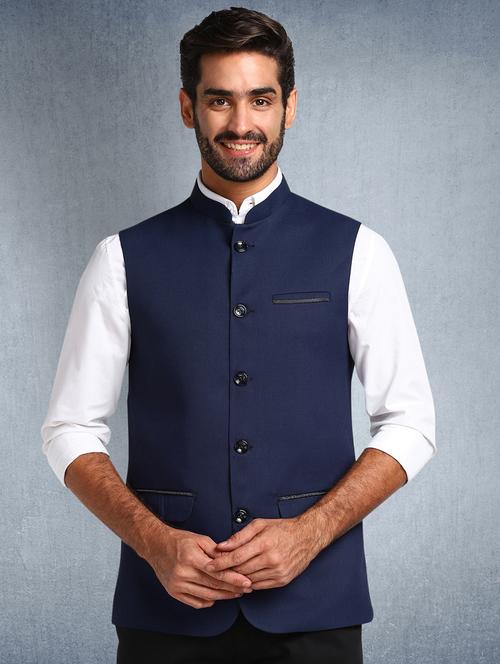 navy blue solid nehru jacket - 17976706 - Very Small Image - 1