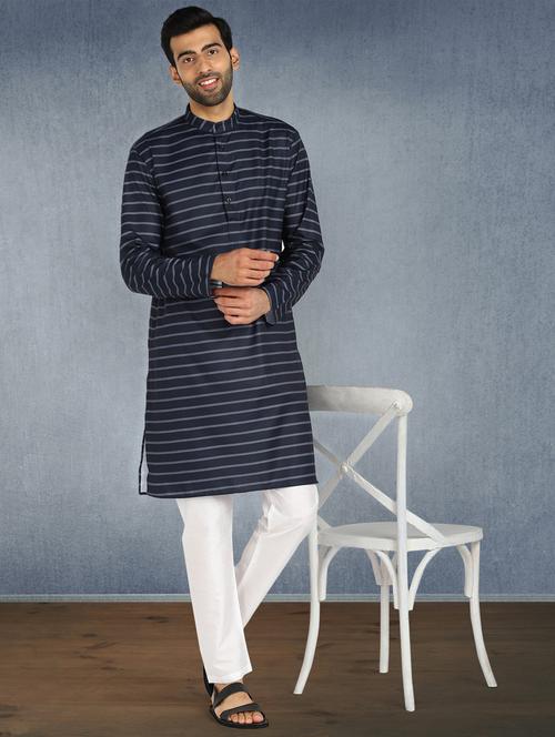 dark blue striped kurta pyjama ethnic wear set - 17976724 - Very Small Image - 1