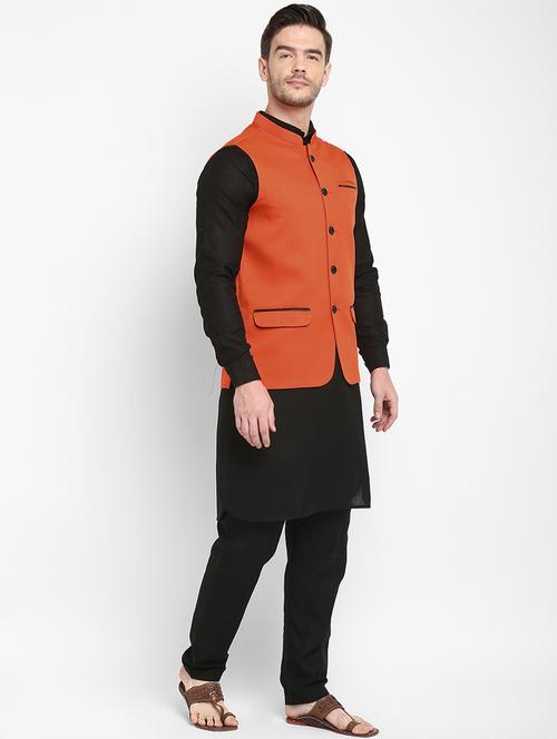 black solid kurta pyjama set with red orange nehru jacket - 17976744 - Very Small Image - 1
