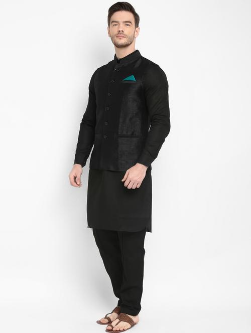 black solid kurta pyjama set with black solid nehru jacket - 17976746 - Very Small Image - 1
