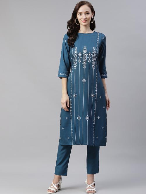 teal rayon kurta pant set - 17977328 - Very Small Image - 1