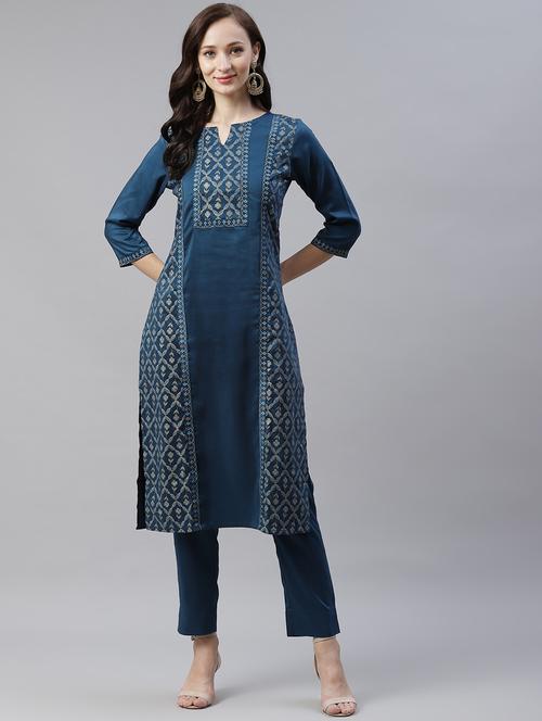 teal art silk kurta pant set - 17977335 - Very Small Image - 1