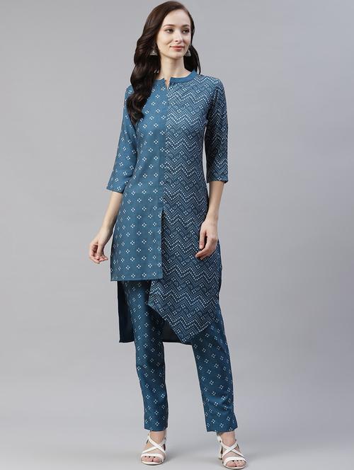 printed asymmetric kurta pant set - 17977380 - Very Small Image - 1