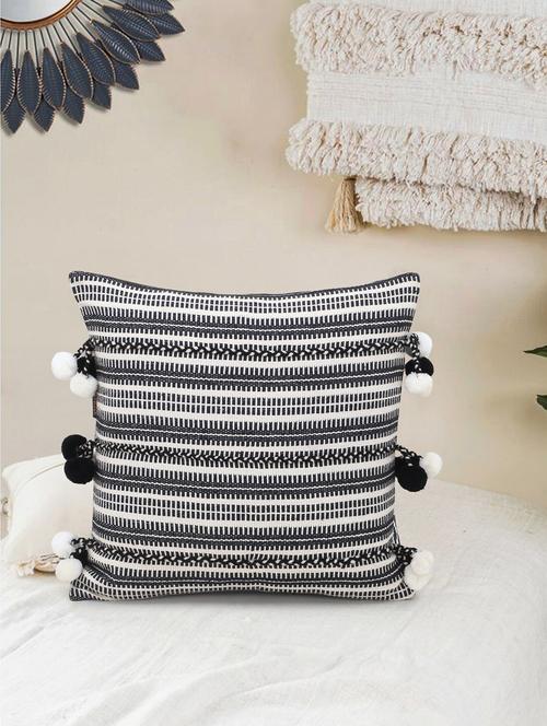 deviant collection by mezposh : natural & black polycotton jacquard striped cushion cover with pompoms (16x16in) - 17977640 - Very Small Image - 1