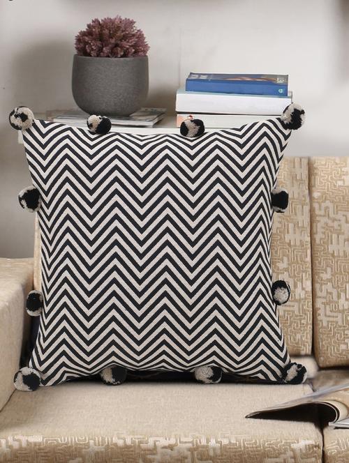 acoustic collection by mezposh : beige & black canvas polycotton jacquard chevron cushion cover with pompoms (16x16in) - 17977641 - Very Small Image - 1