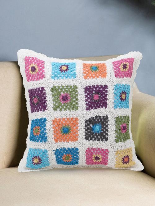 cohort collection by mezposh : white & multi cotton checkered crochet cushion cover (18x18in) - 17977657 - Very Small Image - 1