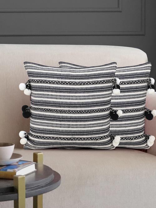 deviant collection by mezposh : natural & black polycotton jacquard striped cushion cover with pompoms (16x16in) set of 2 - 17977660 - Very Small Image - 1