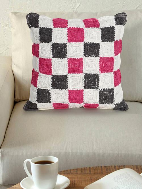 mezposh cohort white pink & grey cotton checkered textured-hand made croatia cushion cover (16"x16") - 17977816 - Very Small Image - 1