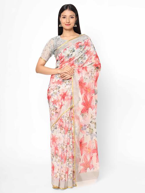 floral printed saree with blouse - 17979158 - Very Small Image - 1