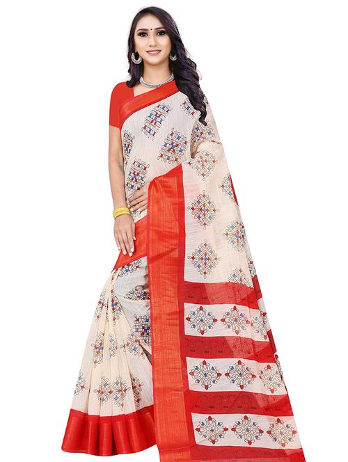 women's printed white colored saree with blouse - 17980606 - Very Small Image - 1