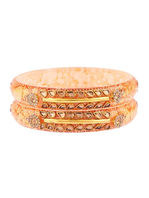 orange floral acrylic kundan bangle set (2pc) - 17981250 - Very Small Image - 1