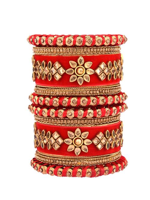 red kundan velvet crystal bangle set (10pc) - 17981498 - Very Small Image - 1