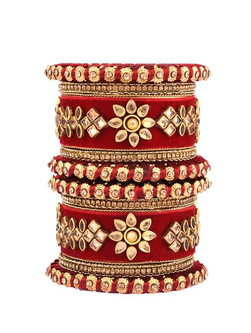 red kundan velvet crystal bangle set (10pc) - 17981506 - Very Small Image - 1