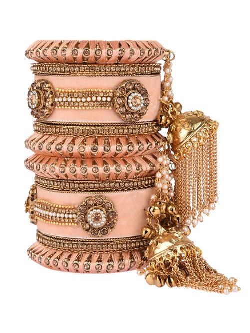 peach velvet cubic zirconia dangle ghungroo thread bangle set (10 pc ) - 17981575 - Very Small Image - 1