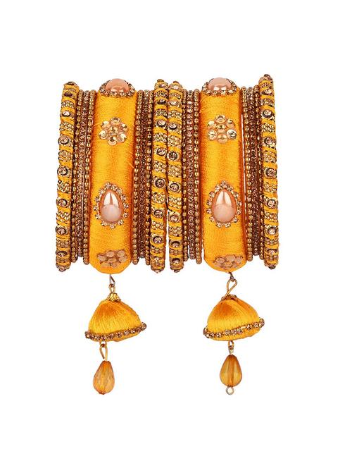 yellow designers silk thread cubic zirconia stone bangles set (18 pc ) - 17981651 - Very Small Image - 1