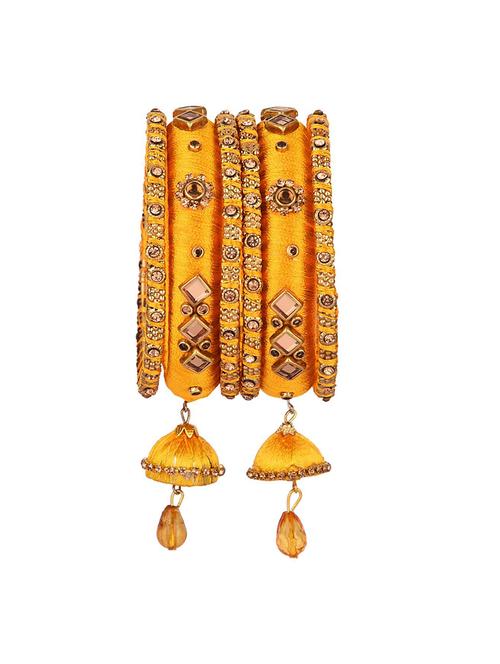 yellow kundan crystal silk thread tassels bangle set (6 pc) - 17981669 - Very Small Image - 1