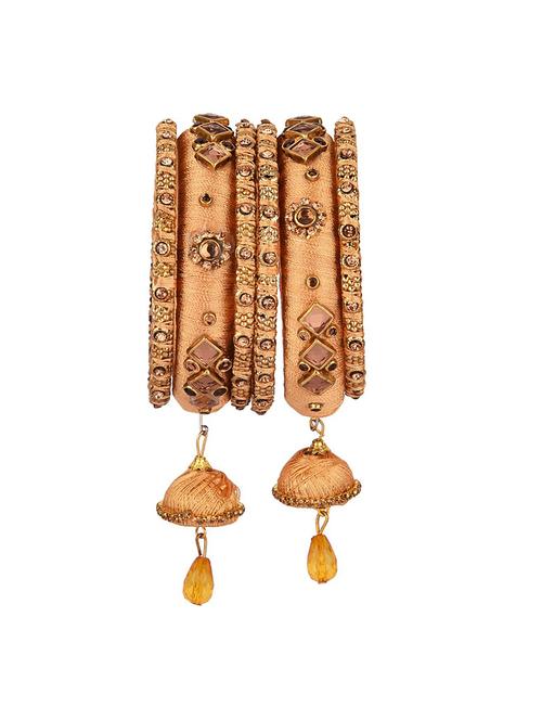 beige kundan crystal silk thread tassels bangle set (6 pc) - 17981673 - Very Small Image - 1