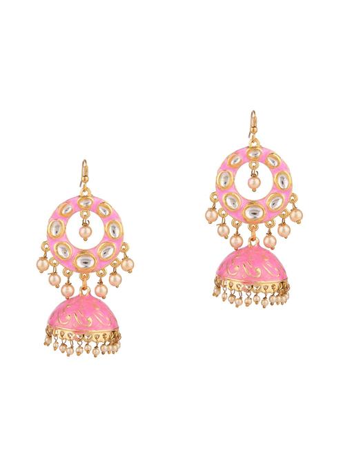 pink traditional kundan jhumka earrings - 17981763 - Very Small Image - 1