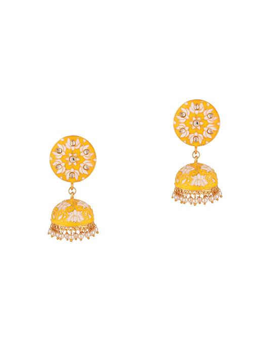 yellow traditional kundan meenakari jhumka earrings - 17981816 - Very Small Image - 1